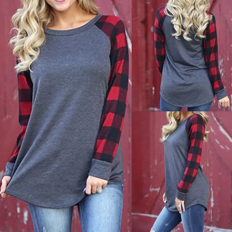 Women Spring Top, Plaid Printed Long Sleeve Round Neck Sweatshirt, Long Loose Warm Pullover Wild Fashion Top Shirt