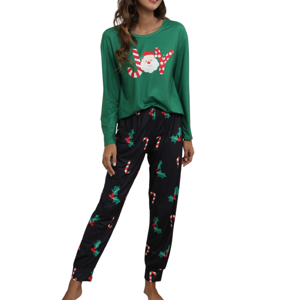 Christmas Women Pajamas Set, Long Sleeve Round Neck Santa Claus Printed Tops Elastic Waist Leg Opening Long Pants