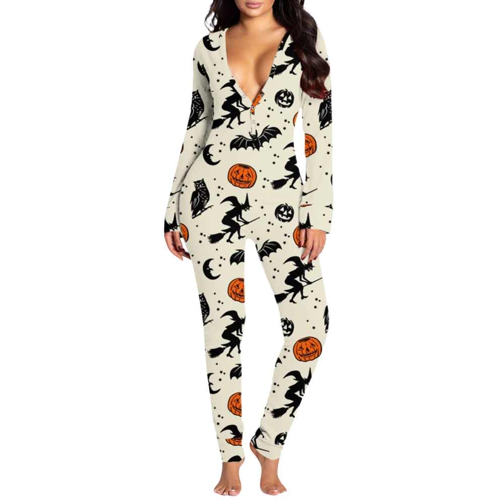 Women Sleeping Romper, Long Sleeve V Neck Buttons Jumpsuit Cartoon Halloween Print Pajamas