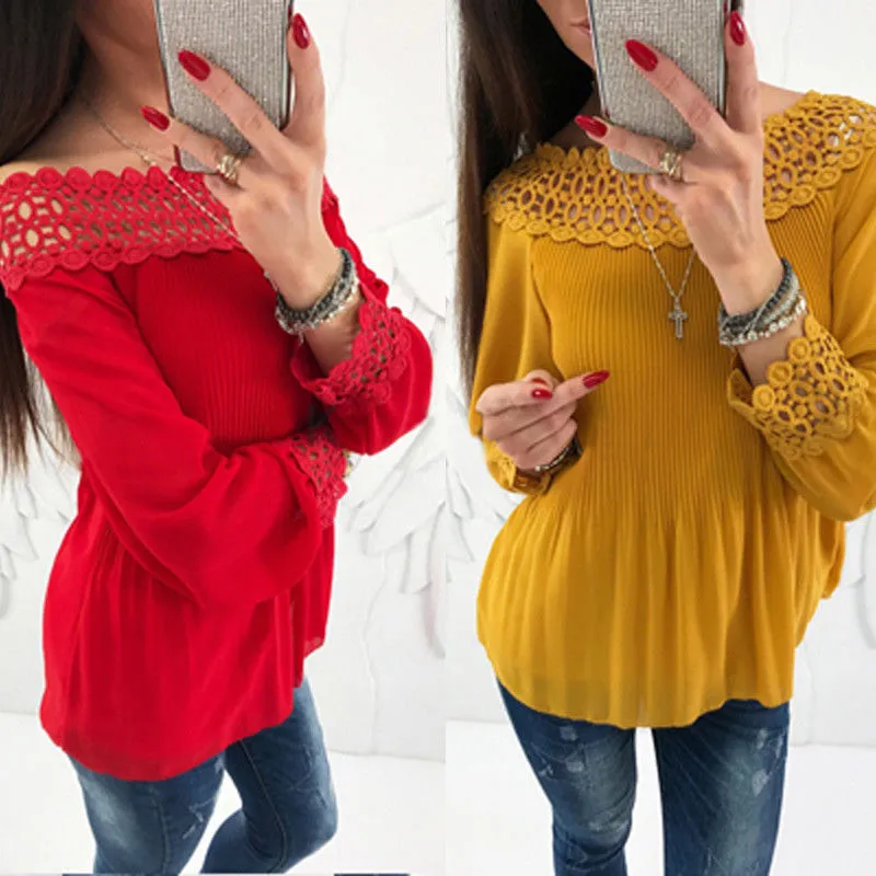 Women Spring Shirt, Solid Color Long Sleeve Off Shoulder Pleated Cutouts Top Shirt, Chiffon Loose Elastic Band Fall Tops