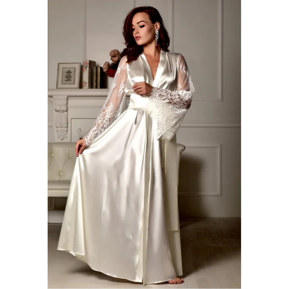 Women's Lace Casual Robe, Sexy V-neck Pajamas, Long See Through Sleeve Nightwear