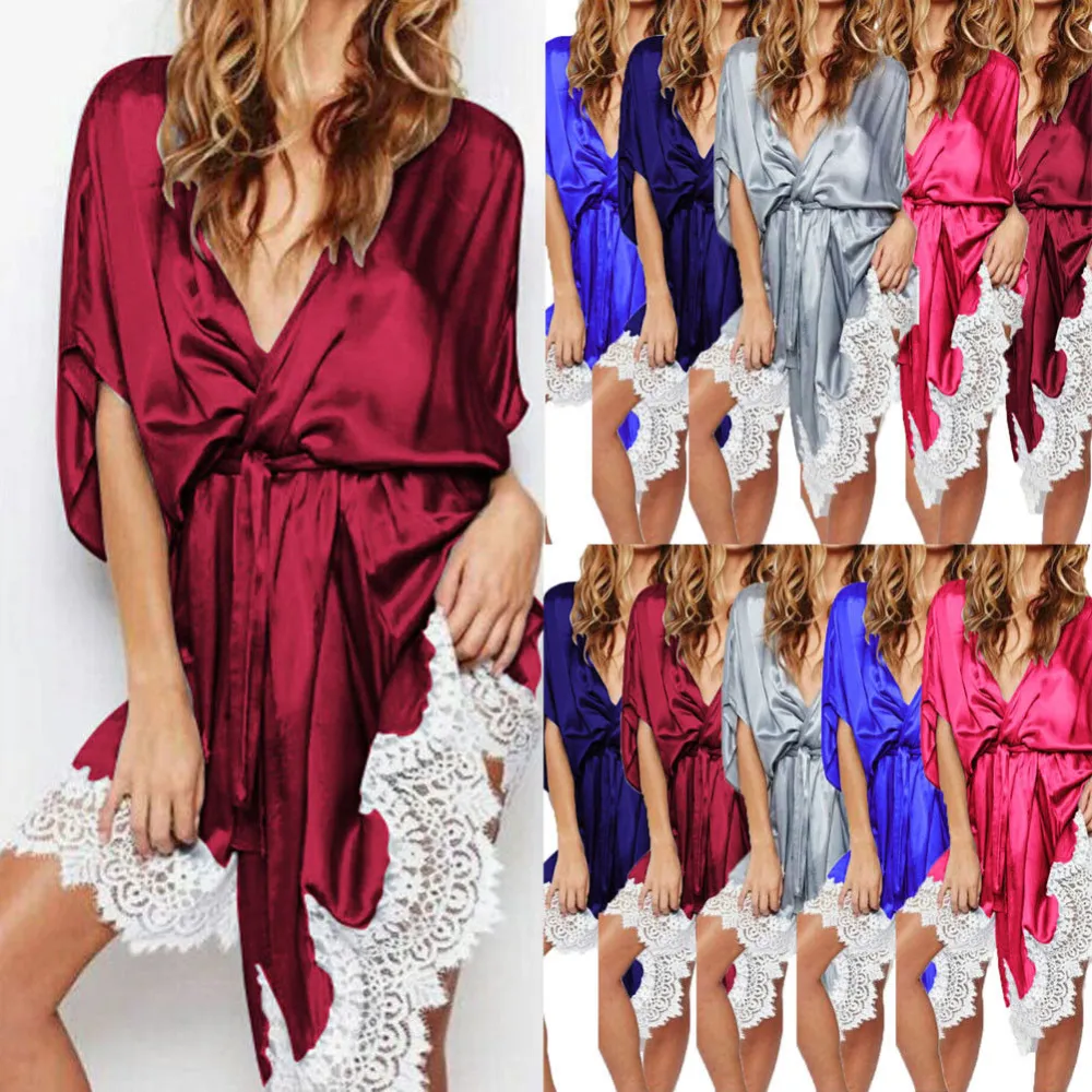 Women Satin Silk Nightgown, Exquisite Lace Sleepwear Kimono Cardigan Half Sleeve Patchwork Robe