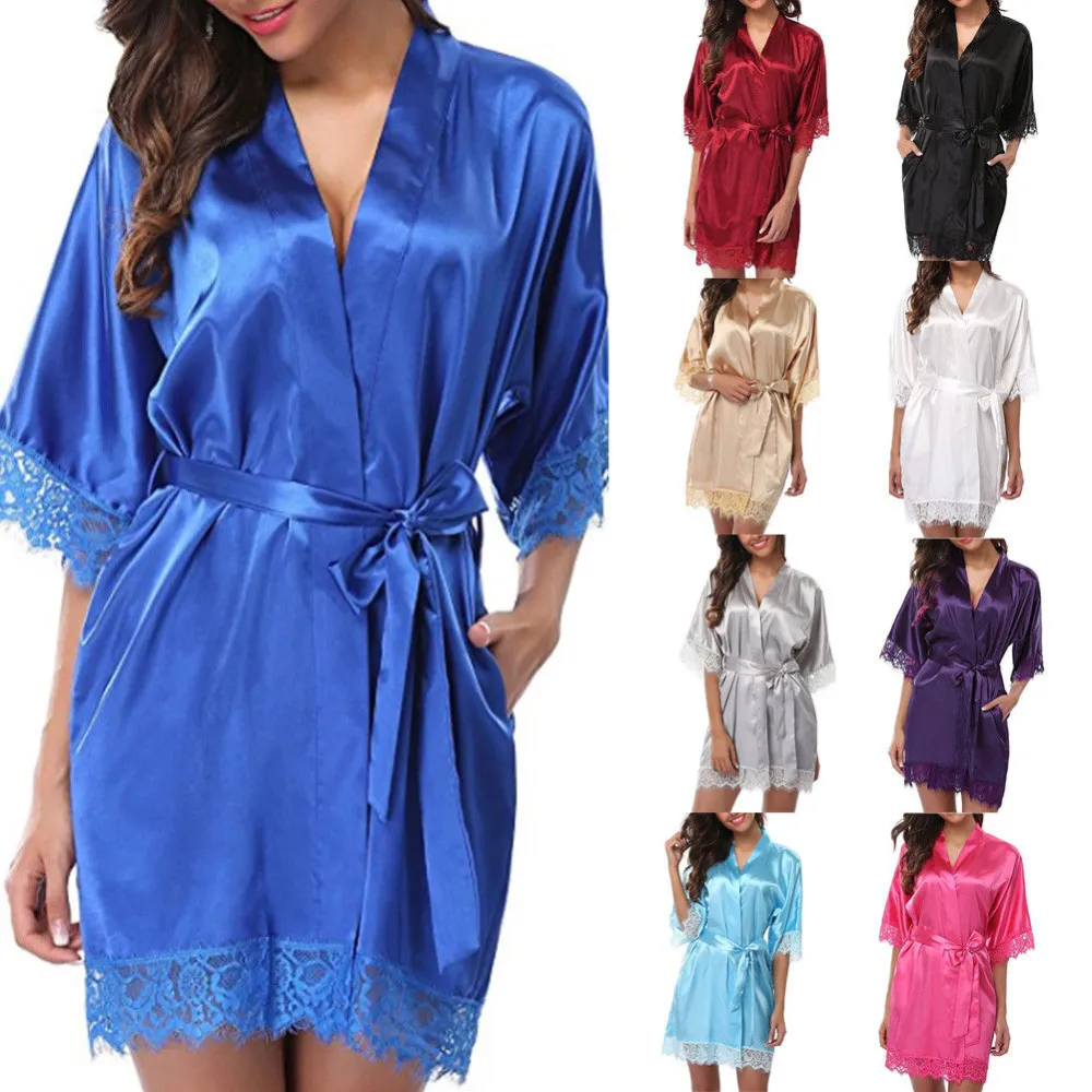 Women's Night Robes, Medium Sleeve Lace Smooth Robes, Bridesmaid Bridal Party Satin Robes, Sleepwear with Removable Waist Belt