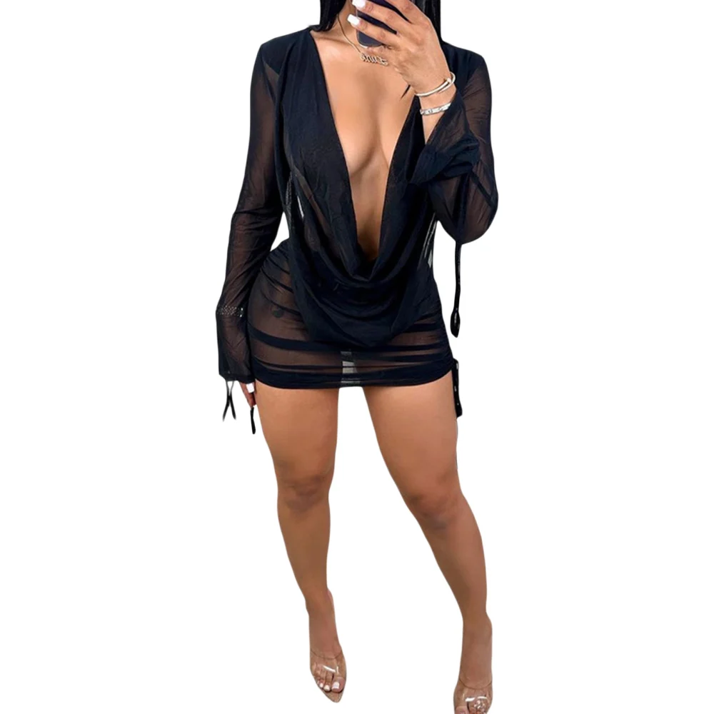 Women Bikini Cover-Ups Solid Color Mesh See-Through Cowl Neck Long Sleeve Tie-Up Wrapped Hip Beach Mini Dress