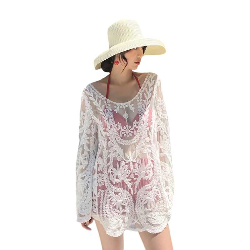 Women Bikini Cover Ups Shirt Floral Embroidery See-through Mesh Long Sleeve Tops Blouses for Beach Bathing Suit