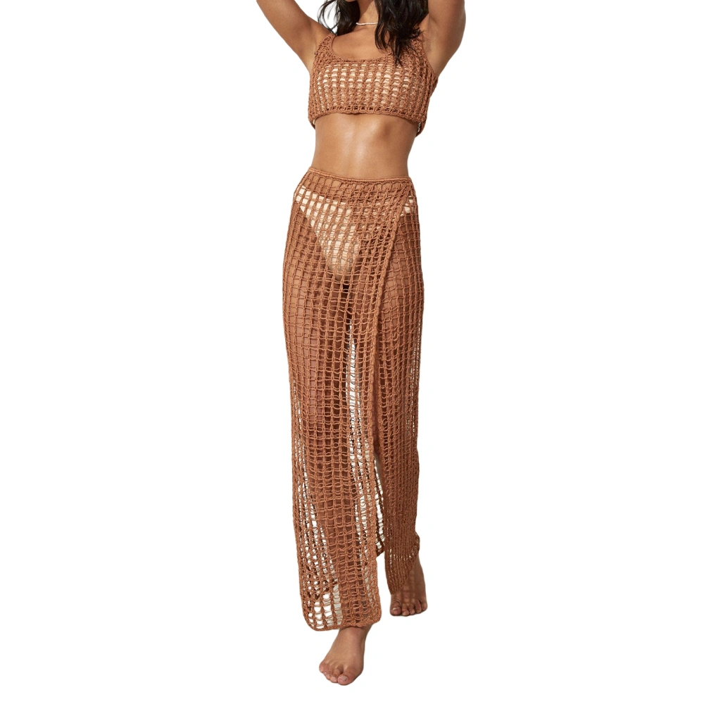 Women’s Beach Cover Up Set, Crochet Knit Hollow Out Tank Tops + Long Skirt Set Beachwear