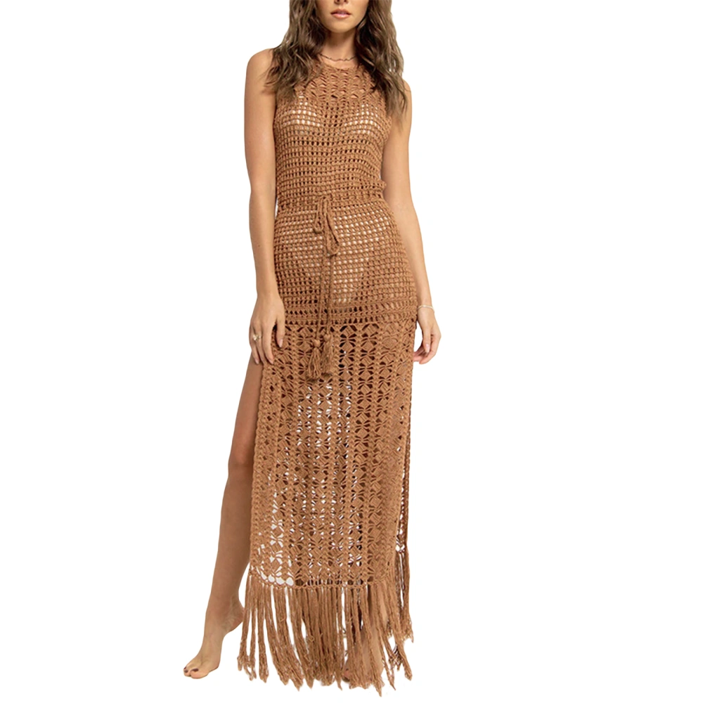 Women's Summer Bikini Cover-Up, Solid Knit Crocheted Hollow Out Sleeveless Round Neck Side Slit Tassel Tank Dress