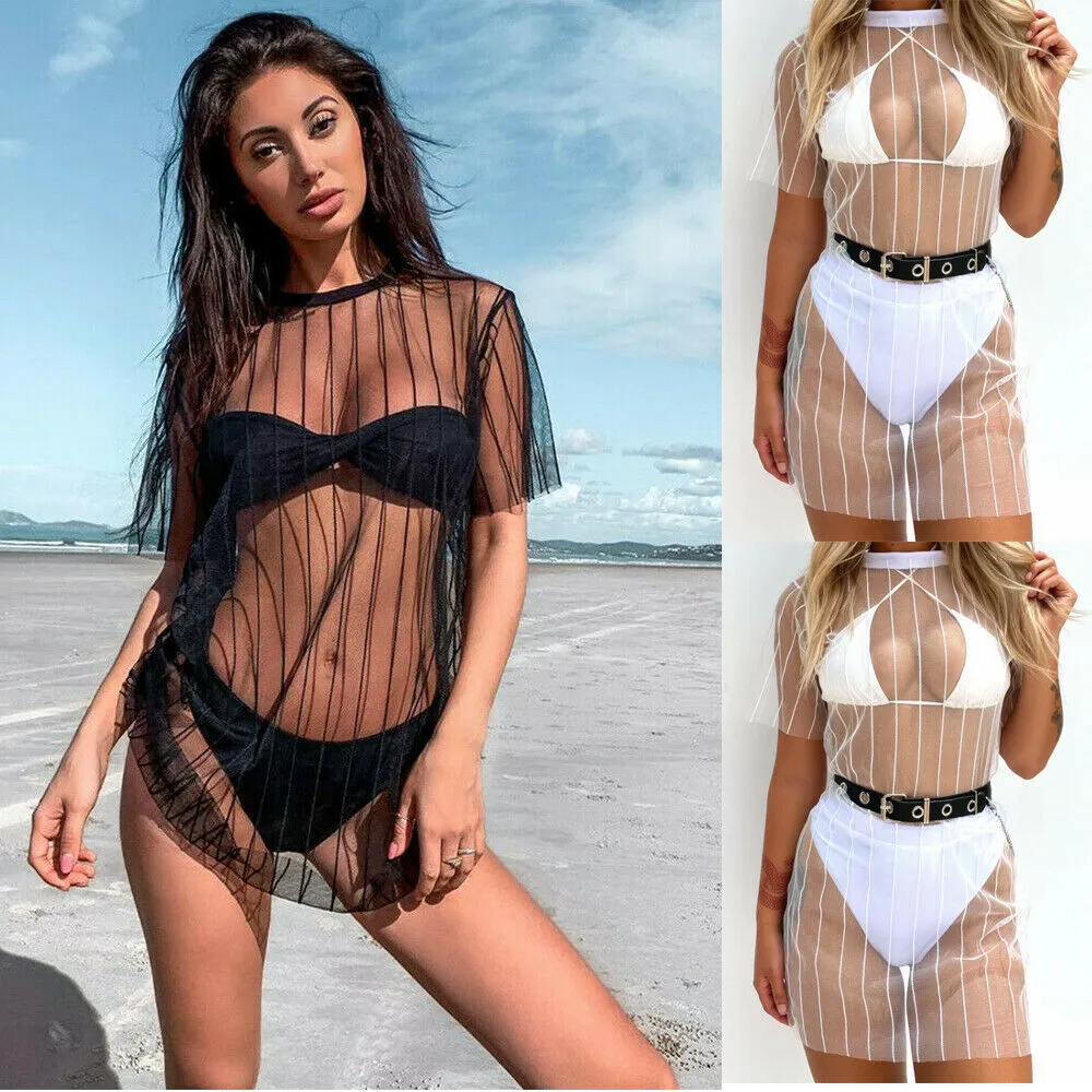 Women Mesh See Through Blouse Short Sleeve Round Neck Striped Print Swimsuit Cover Dress Beachwear