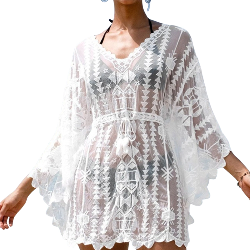 Women's Cover Up, Long Sleeve Lace See Through Drawstring Tunic V Neck Beach Blouse Dress