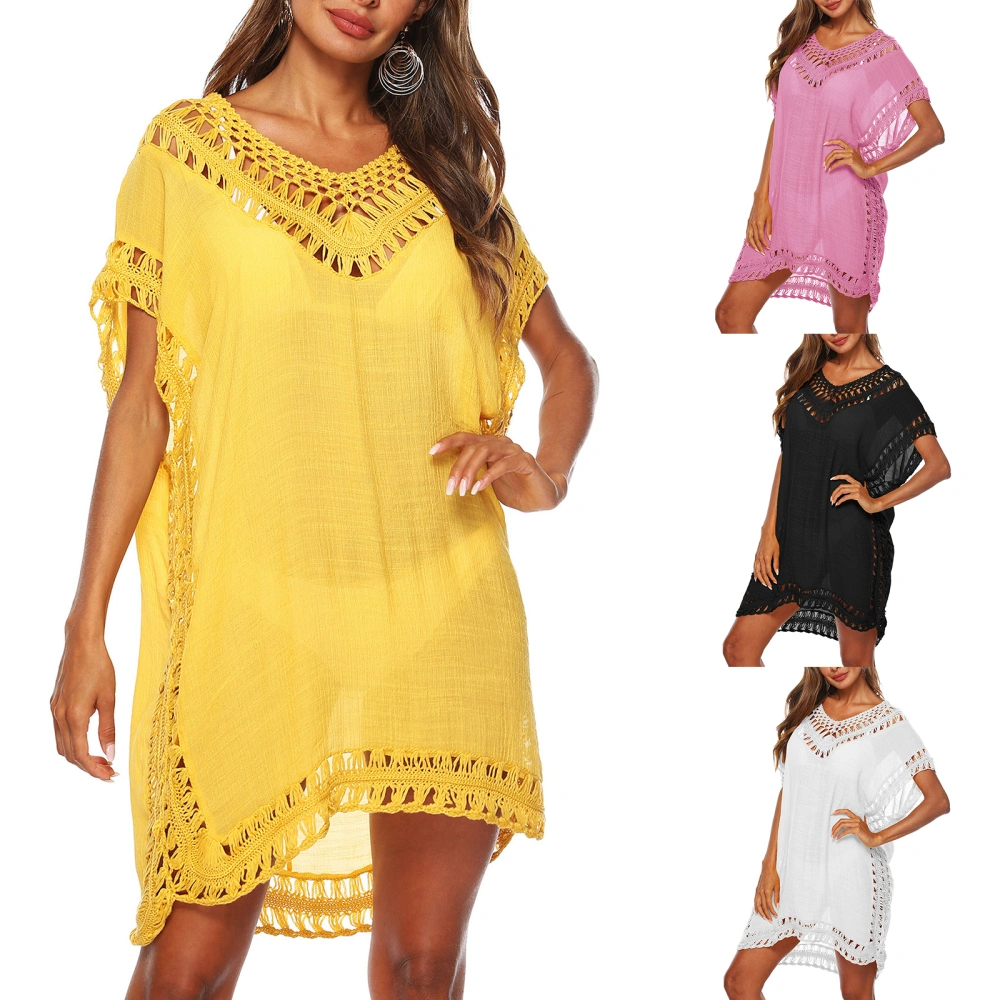 Women Swimsuit Cover Ups, Solid Color Cutout Beachwear, V-neck Short Sleeve Crochet Dress