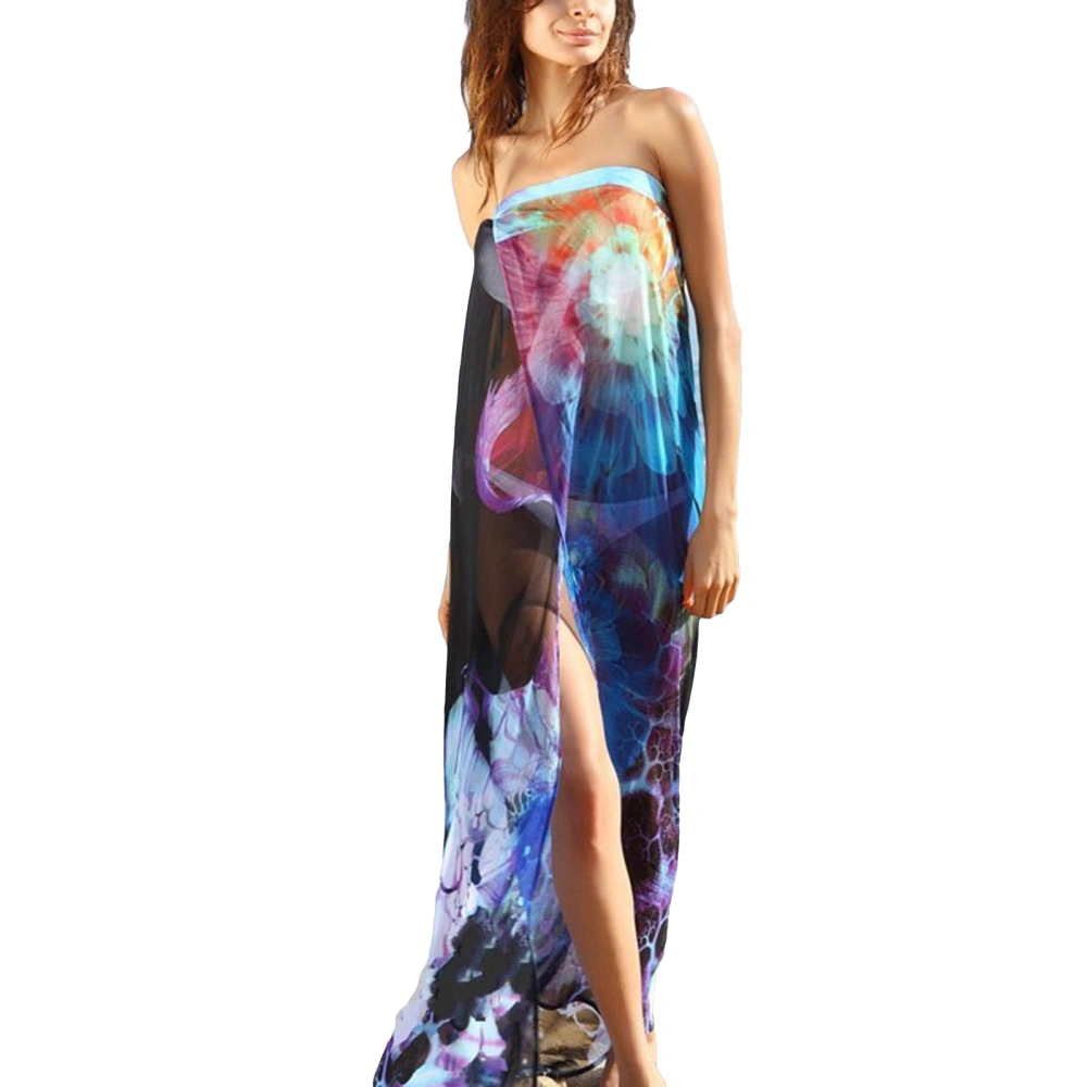 Female Beach Dress, Tie-Dyed Sleeveless Strapless Long Dress Bikini Cover Ups for Summer, Black/Yellow