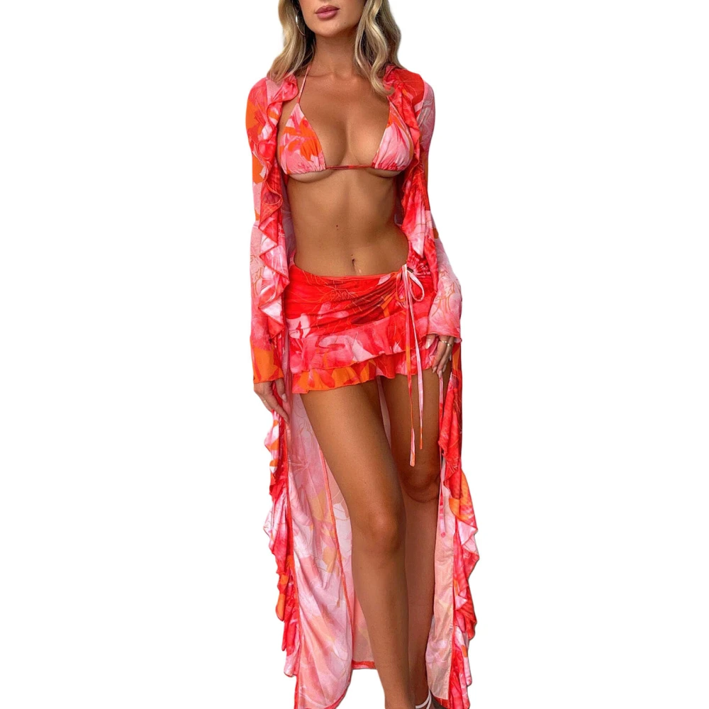 Women's 3 Piece Bathing Suit, Halter Triangle Bikini Set Summer Swimsuits with Cover Up Kimono