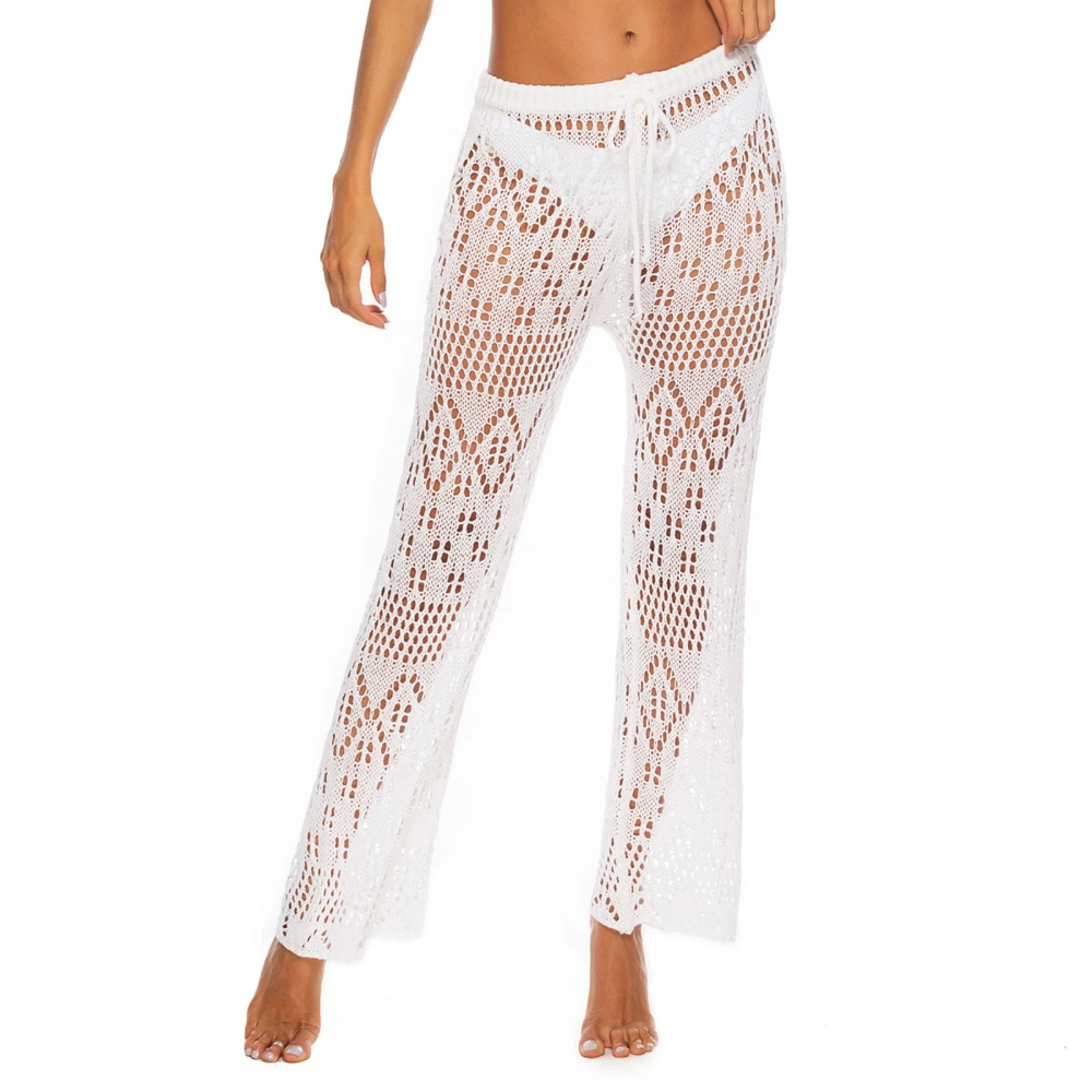 Women Swimming Cover-up Pants Summer Beach See-through Hollowed Loose Long Trousers