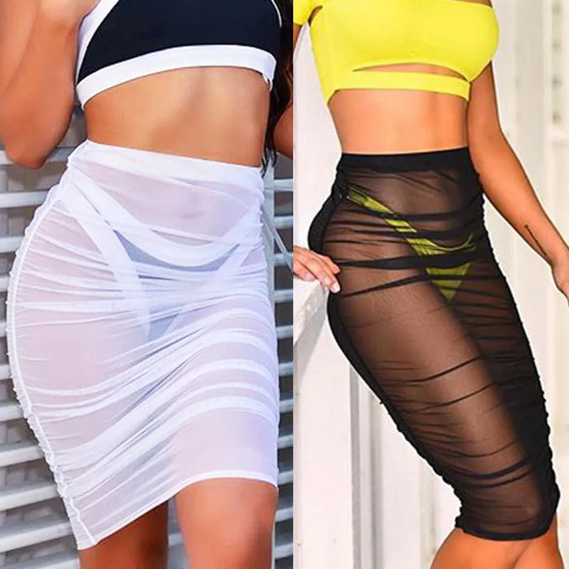 Women’s Cover Up Skirt, Solid Color Mesh Sheer High Waist Swimwear Smock Skirt, Sexy Short Mini Slim Bikini Bottom Cover