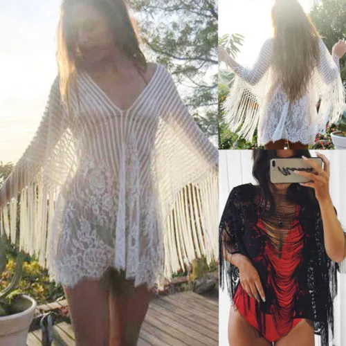 Floral Embroidery Bikini Cover Ups, Women Hollow Out Square Collar Dress with Tassels for Summer