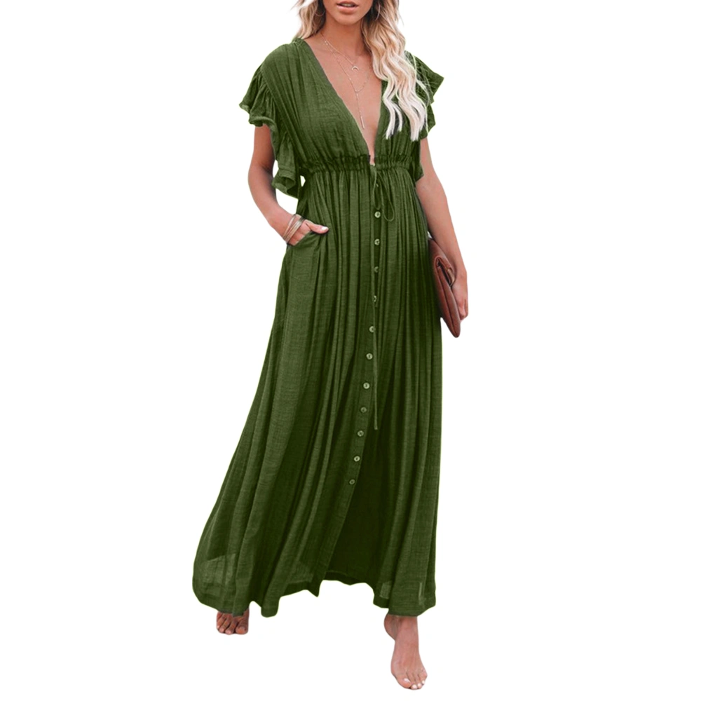 Women's Dress, Knot Single Breasted Waist Pumping Smock Backless Robe Sun Proof Clothes