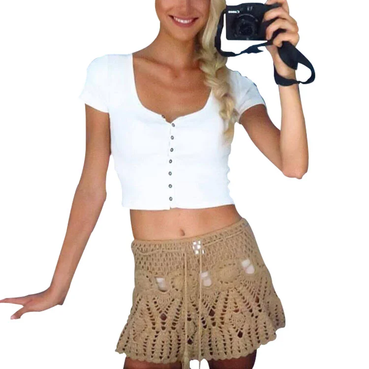 Women Summer Solid Color Skirt Knit Hollow Out Tassel Bikini Bottoms Covers Lady Crochet High Waist Beach Skirt