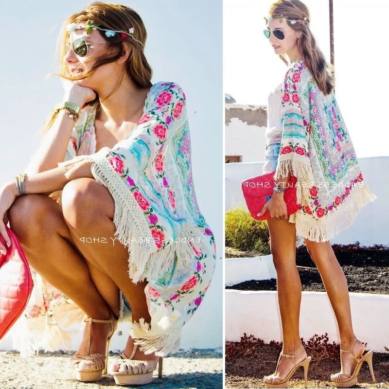 Women Bikini Cover Up, Floral Printed Bat Sleeve Cardigan Bikini Cover Up, Tassel Hem Loose Smock for Swimming Suits