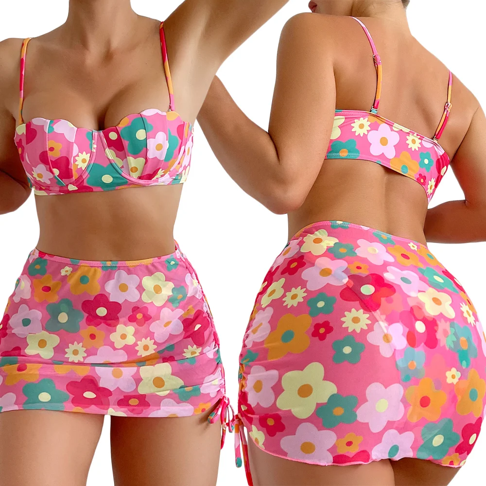 Women 3pcs Swimsuit Set Floral Sleeveless Push Up Bra and Elastic Briefs Cover Up Skirt Beachwear Bathing Suit