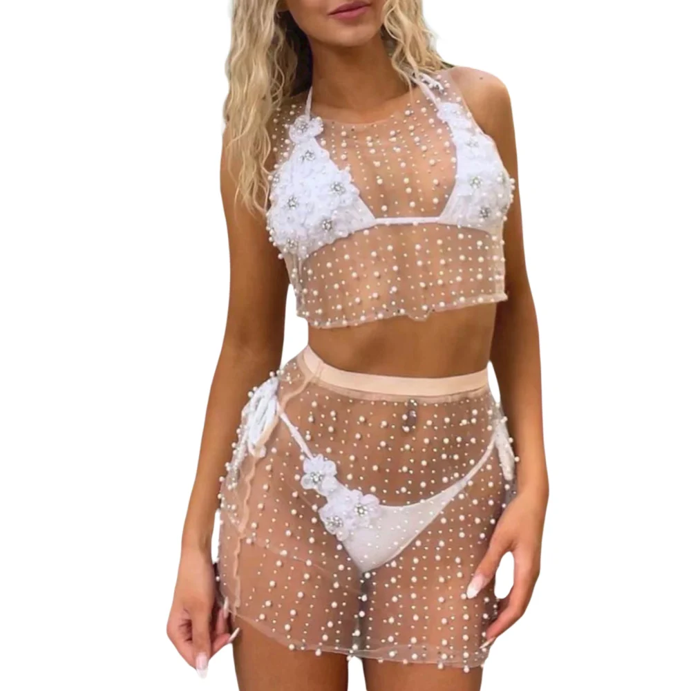 Women Beach Cover-Up Set, Pearl Rhinestones Decor Round Neck Sleeveless Bikini Smock Tops High Waist Skirt Pool Side Clothing