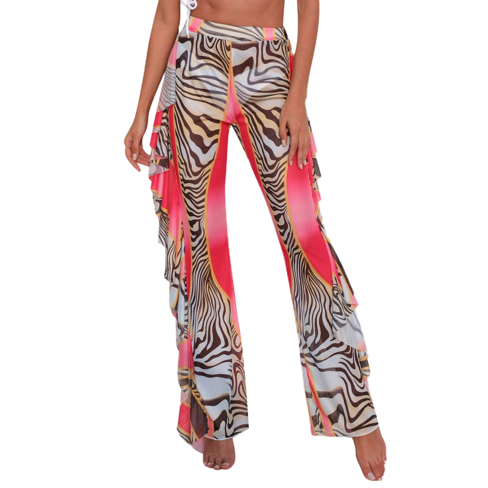 Women Loose Fit Beach Trousers, Multi-color Zebra Stripe Print High Waist Irregular Sheer Pants, S/ M/ L/ XL