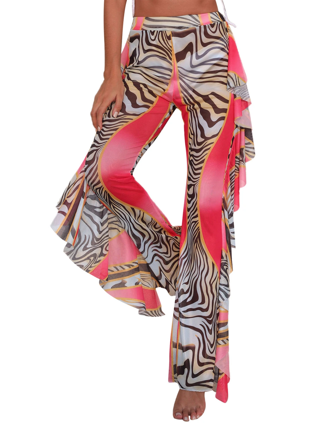 Women Loose Fit Beach Trousers, Multi-color Zebra Stripe Print High Waist Irregular Sheer Pants, S/ M/ L/ XL