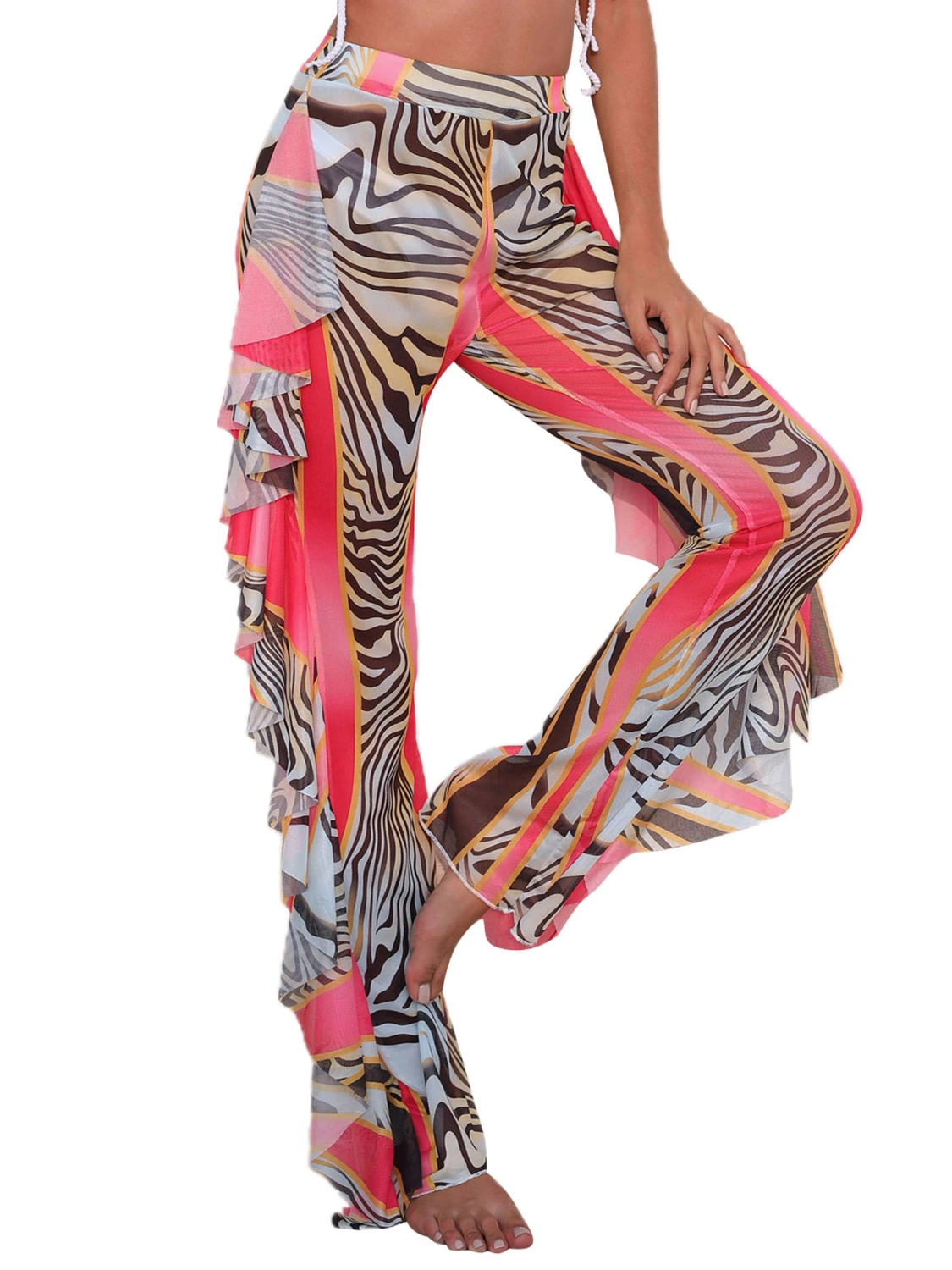 Women Loose Fit Beach Trousers, Multi-color Zebra Stripe Print High Waist Irregular Sheer Pants, S/ M/ L/ XL