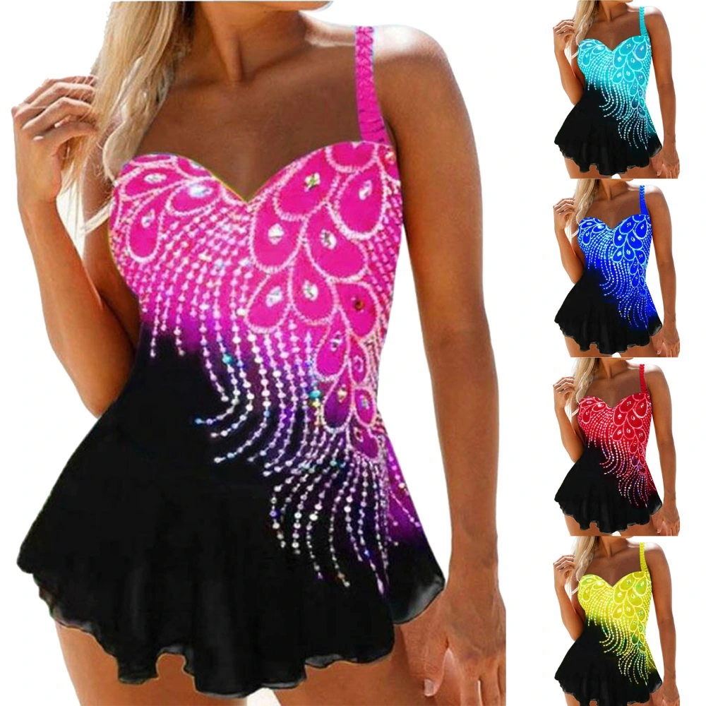 Women Plus Size One-piece Swimsuit with Rhinestones, Contrast Color Sleeveless V-neck Swimwear for Summer