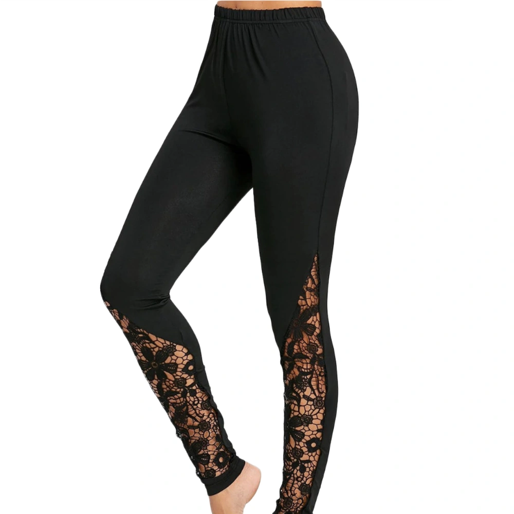 Women Elastic High Waist Leggings, Solid Color Hollow Out Trousers