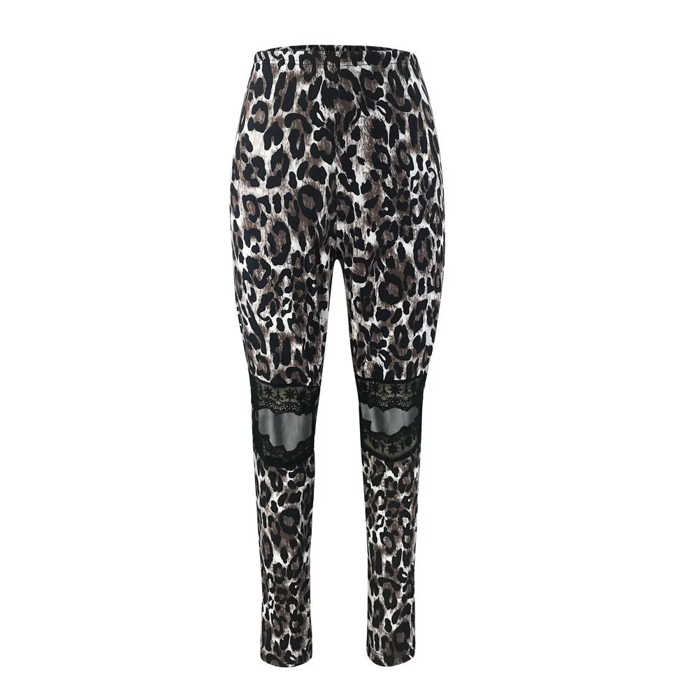 Women Leopard Printed Tight Pants, Lace Trim Knee Hollow Out Stretchy Slim Straight Trousers