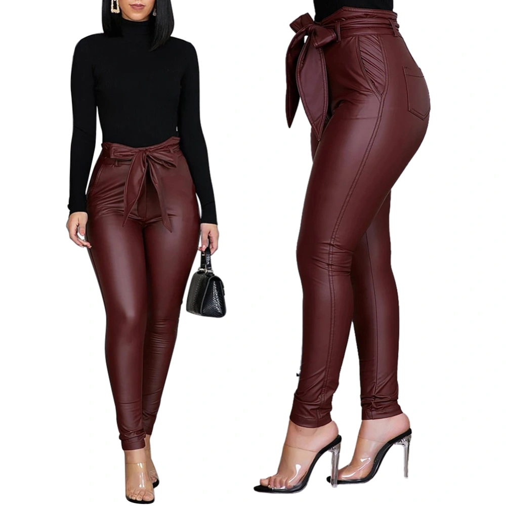 Women’s Bow PU Leather Pants Pencil Skinny Leggings High Waist Fashion Pure Color Trousers