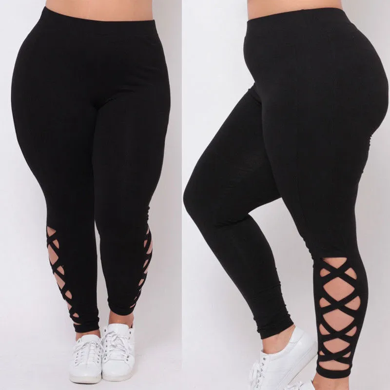 Women Large-Size Leggings, Solid Color Side Cutouts Elastic Band High Waist Pants, Slim-Fit Wild Fashion Bottoms, L-XXXL