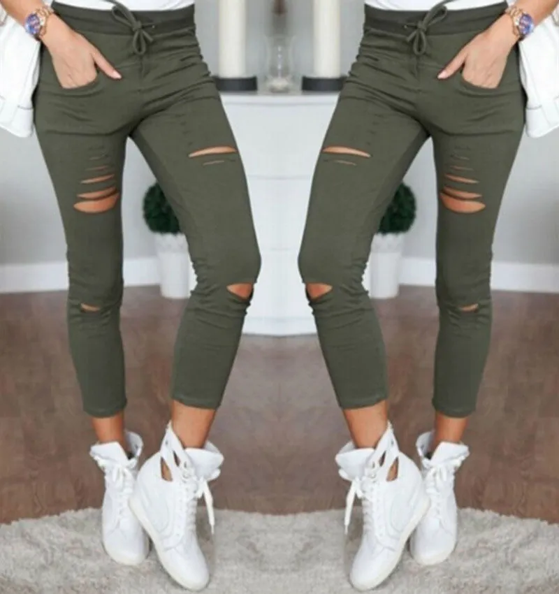 Women' s Ripped Pants Slim Fit High Waist Stretch Pants Solid Color Pencil Trousers