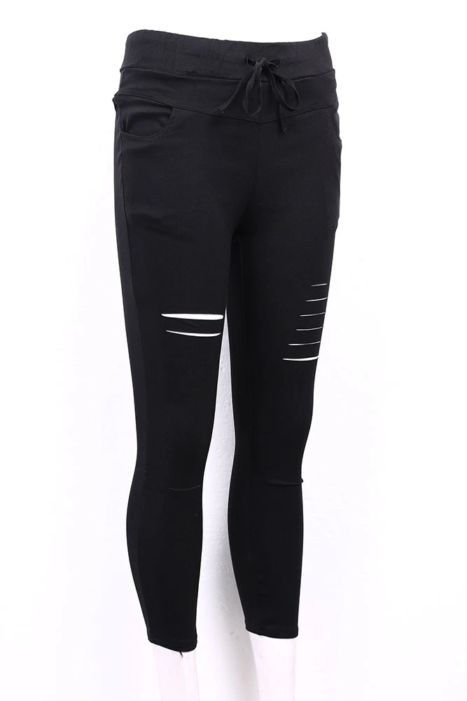 Women' s Ripped Pants Slim Fit High Waist Stretch Pants Solid Color Pencil Trousers