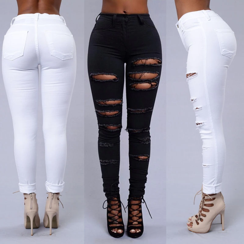Women's High Waist Tight Trousers, Daily Ripped Style Slim Fit Solid Color Long Pants