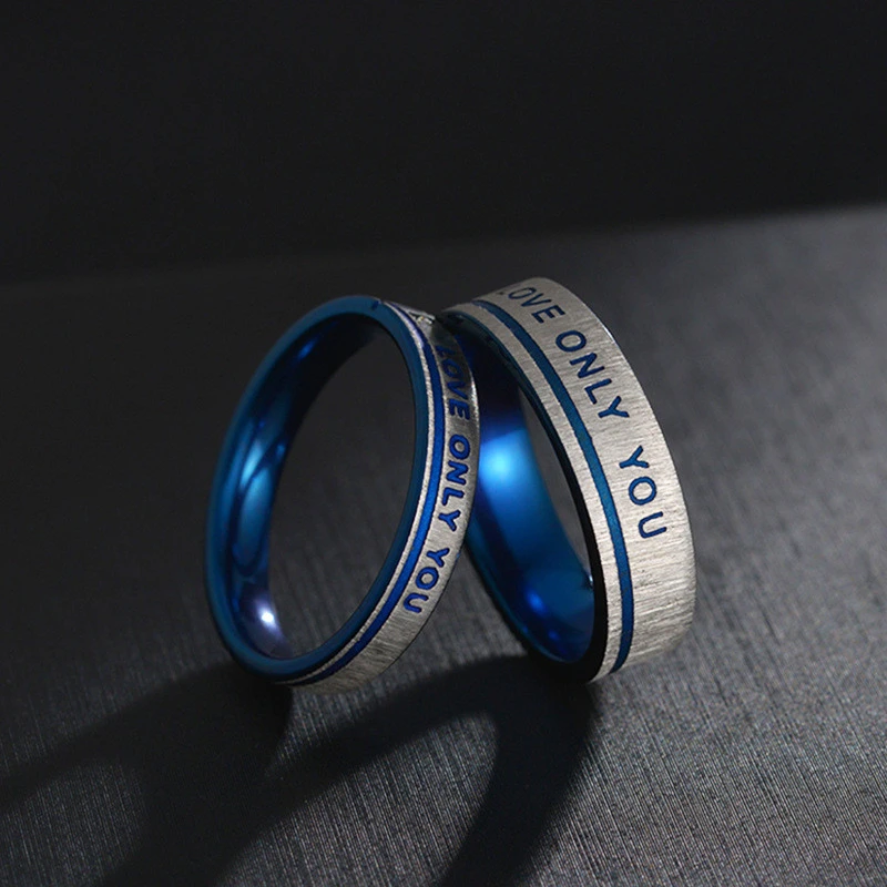 Stainless Steel Blue Plated Love Only You Couple Diamond Confession Engraving Ring