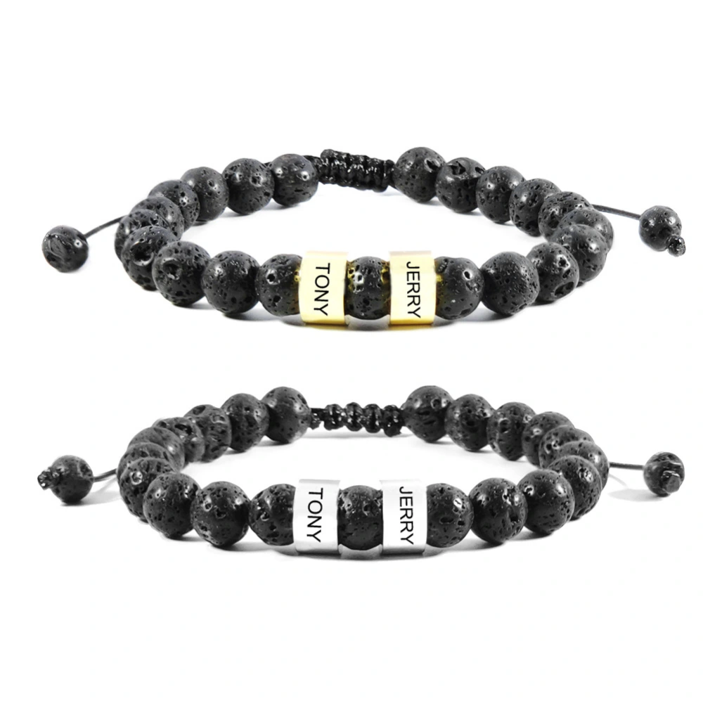 Stainless Steel Bead Bracelet Adjustable Black Lava Stone