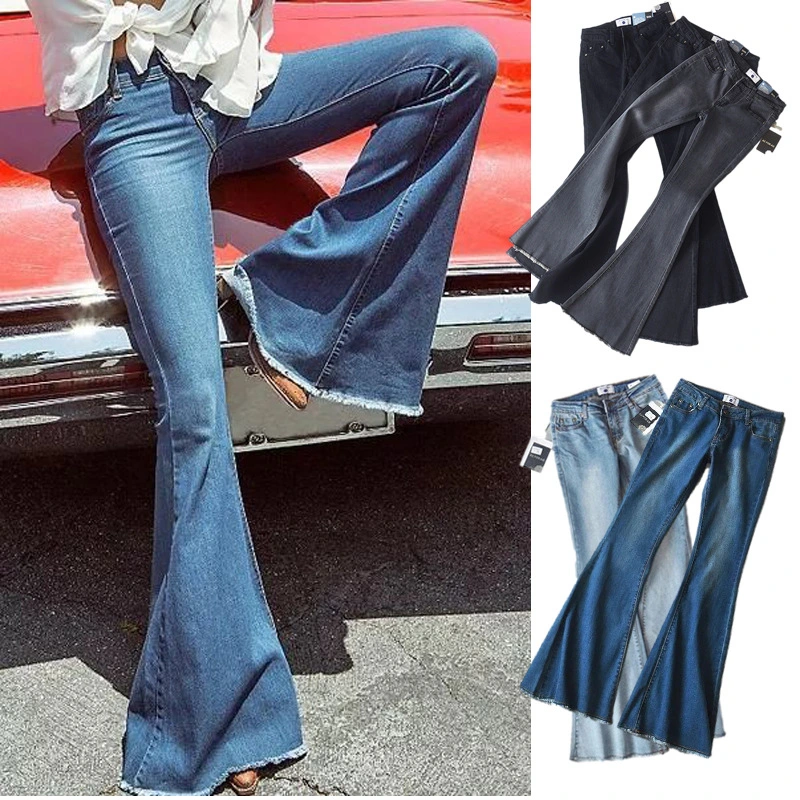 Women's Fashion High Waist Boot Cut Jeans Stretch Bell-Bottom Flare Denim Jeans Casual Wide Leg Pants Trousers Bottoms