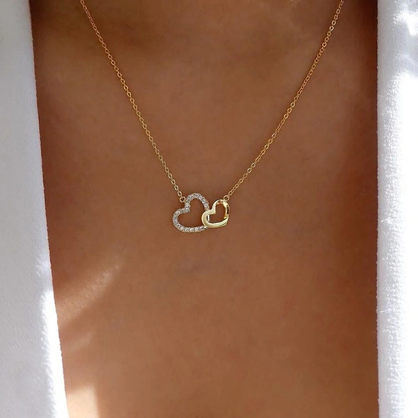 Fashion Gold and Silver Double Heart Necklace Necklace Crystal Diamond Pendant Necklace Gift for Woman