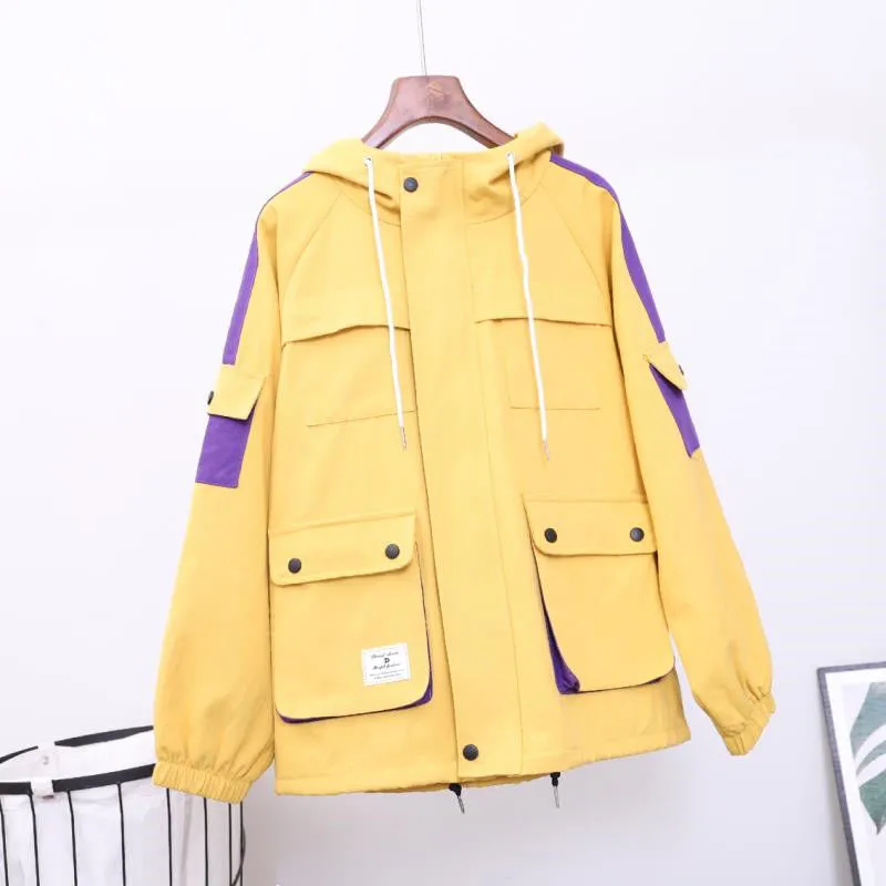 Loose Hooded Color Matching Workwear Ins Jacket