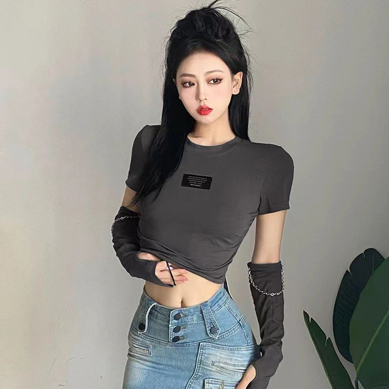 Women's Letter Crop Tops, Summer Short Sleeve Round Neck T-Shirts with Arm Sleeves