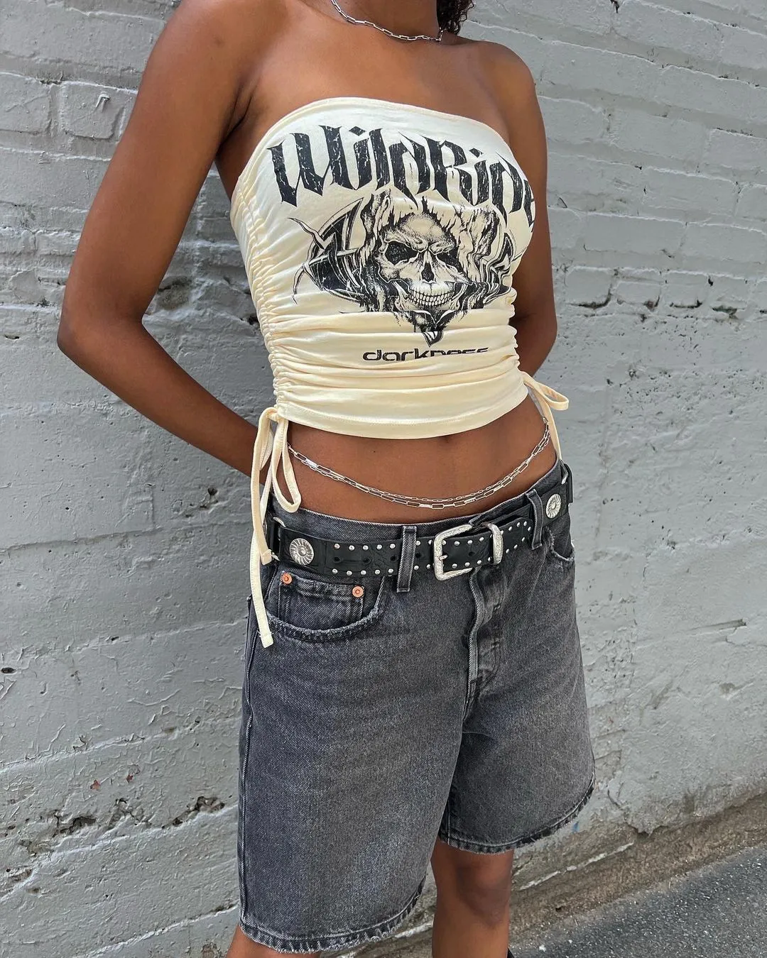 Women's Bandeau Crop Tops, Strapless Side Drawstring Skull Letter Print Tube Tops