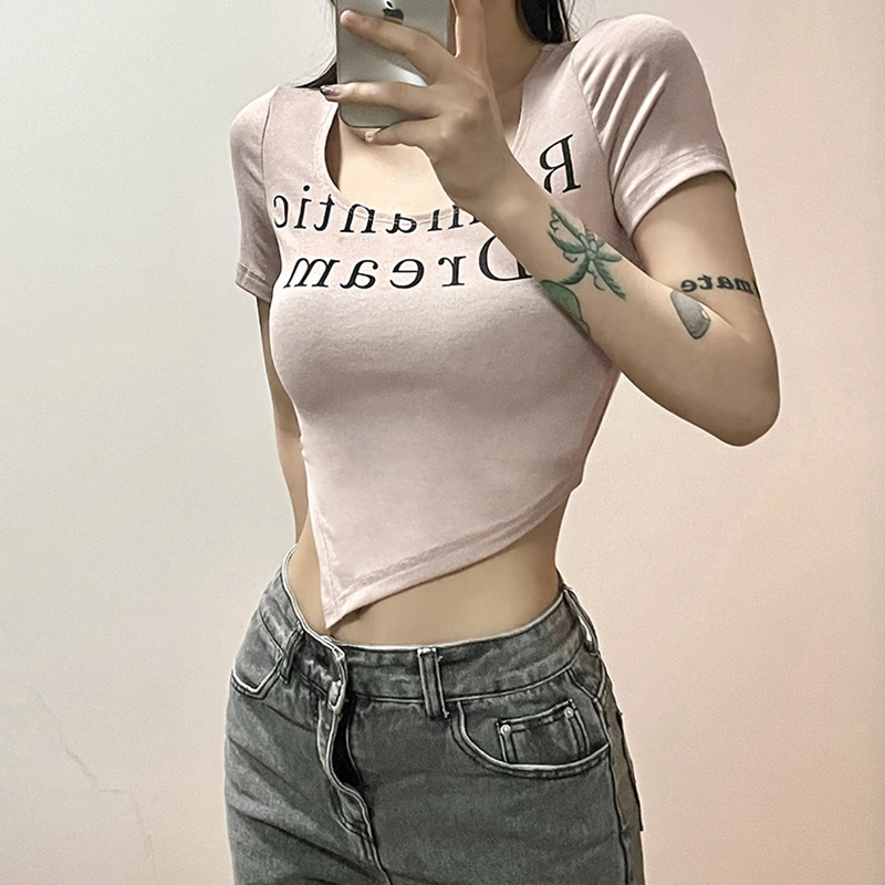 Women's Summer Skinny Crop Tops Khaki Short Sleeve U Neck Letter Print Irregular T-shirt