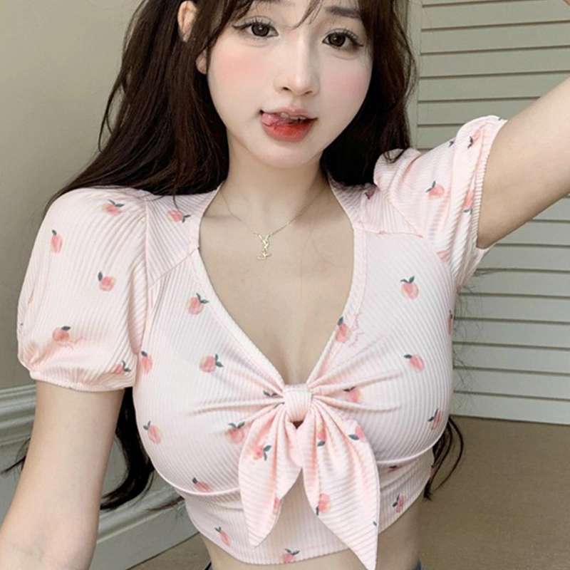 Women T-shirt, Short Sleeve V Neck Bowknot Peach Print Summer Ladies Crop Top for Party Club