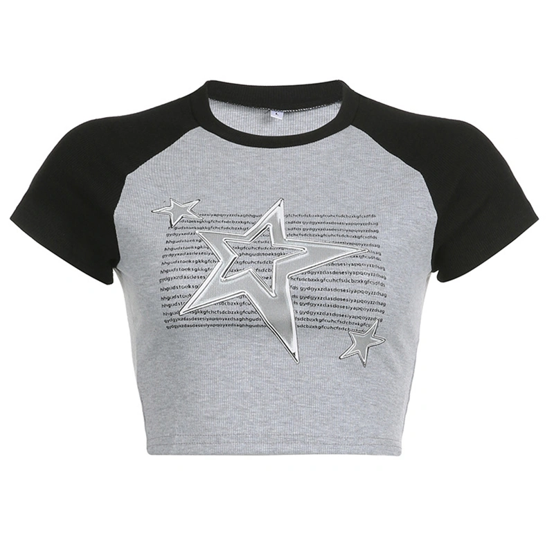 Women Short Sleeve Crop Tops Fashionable Metal Elements Stars Print Crew Neck T-Shirts Summer Slim Fit Shirts Streetwear