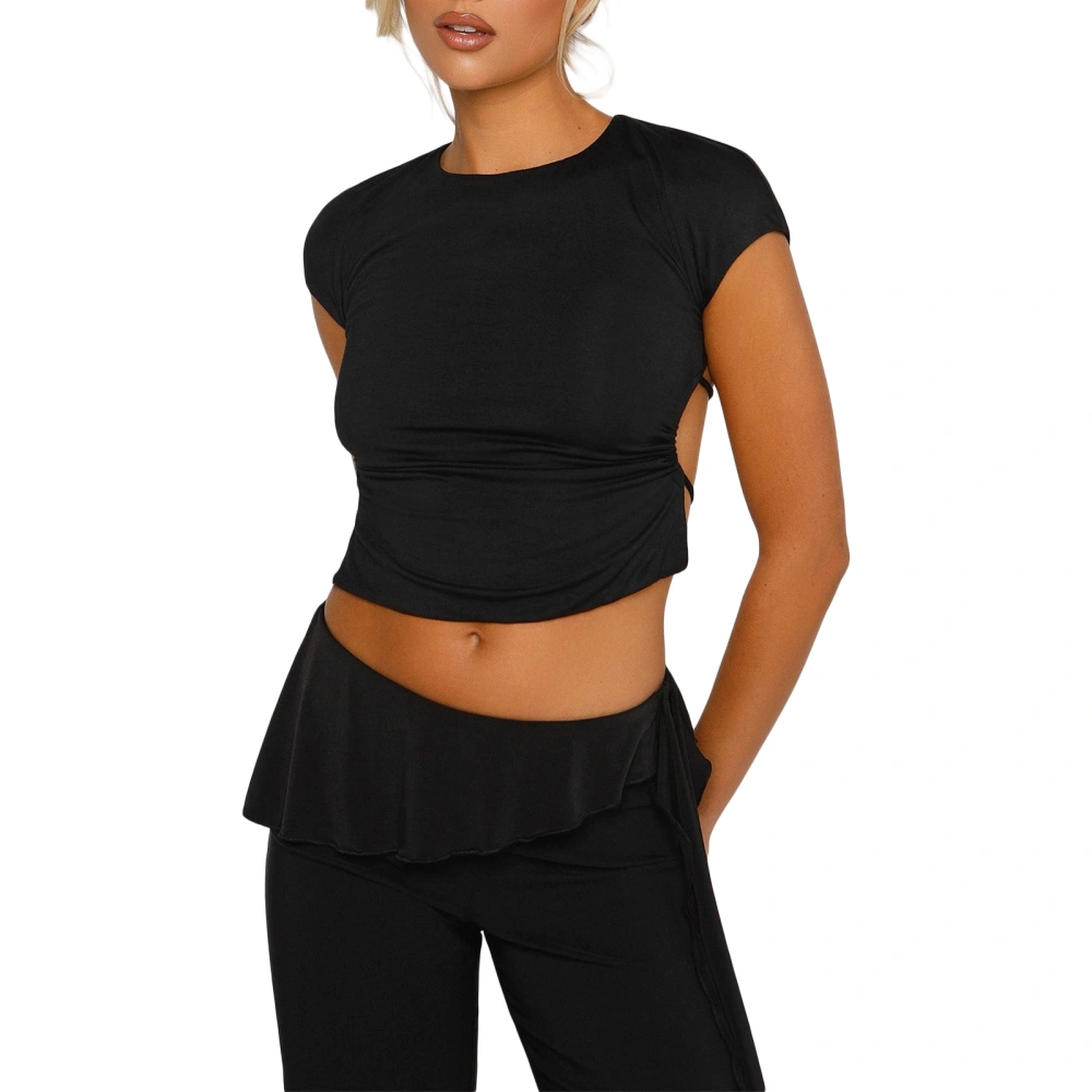 Women's Round Neck Crop Tops Summer Short Sleeve Tie Backless Solid Color Slim Fit T-Shirts