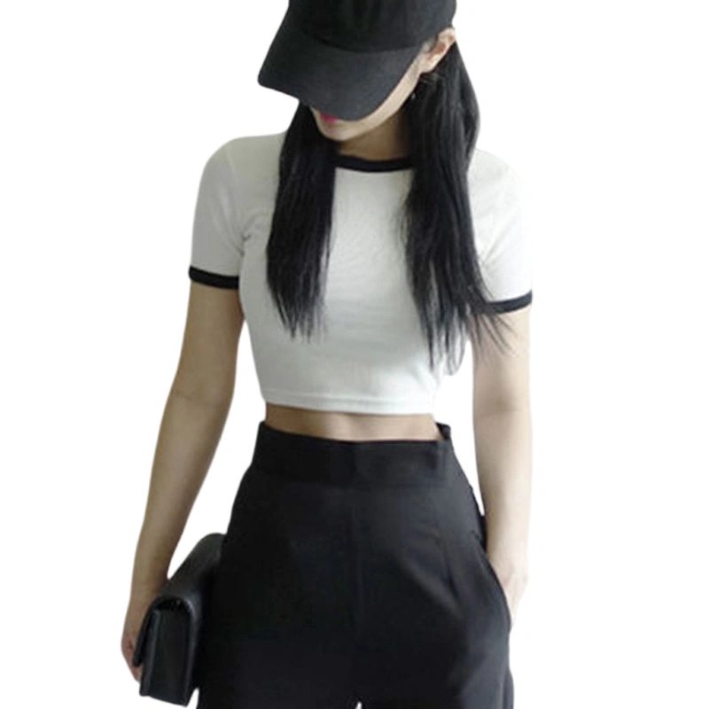 Women's Summer Fitted Crop Tops White Short Sleeve O Neck Contrast Color T-shirt