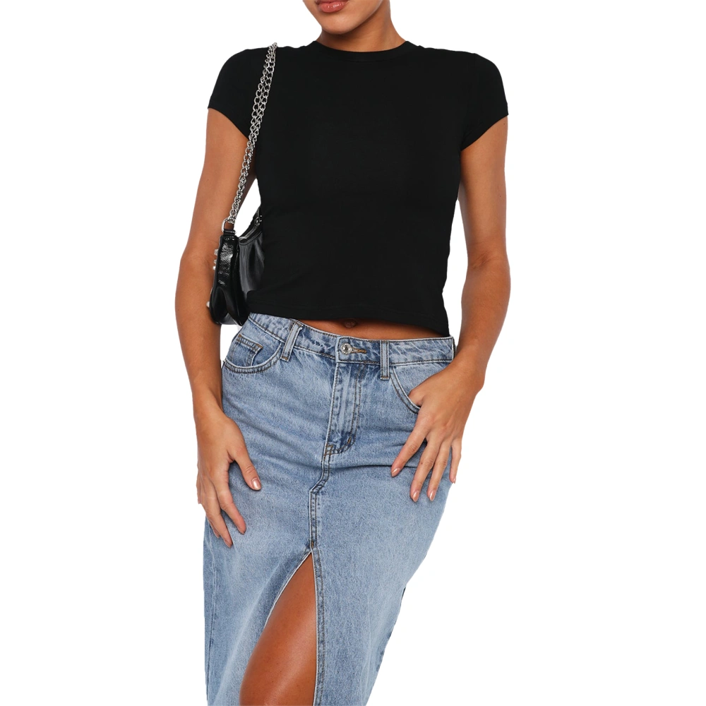 Women's Summer Skinny Crop Tops Solid Color Short Sleeve Backless Tie Up Going Out Tops