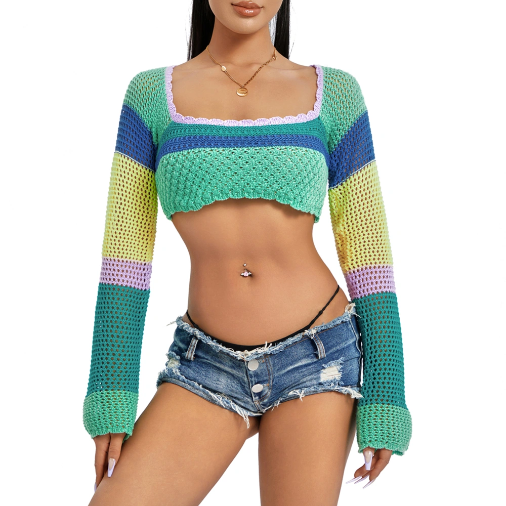 Women Knit Crop Tops, Long Sleeve Tops Square Neck Contrast Color Streetwear for Casual Daily