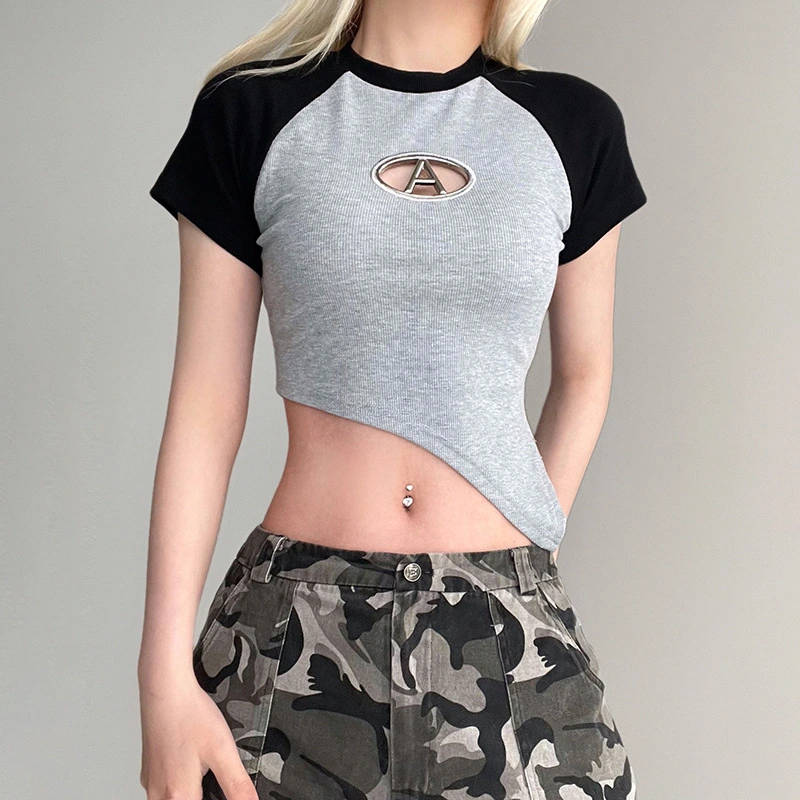 Women Short Sleeve T-Shirts Irregular Cutout Crop Pullovers Summer Tops for Party Streetwear Aesthetic Clothes